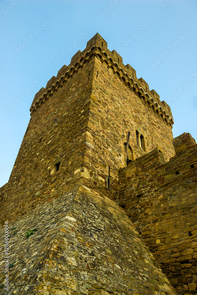 Majestic medieval tower of the Genoese fortress in the city of Sudak. Crimean Peninsula. Russia