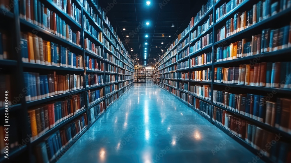A long corridor of bookshelves in a modern library, showcasing rows of colorful books. A long corridor of bookshelves in a modern library, showcasing rows of colorful books.