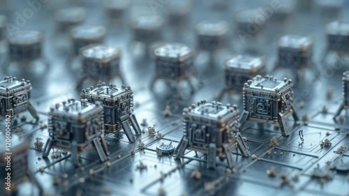 Nanotechnology in Action: A microscopic view of nanobots assembling intricate structures on a metallic surface.
 photo