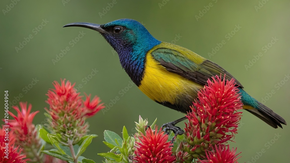 Fototapeta premium Yellow-chested, blue-headed sunbird, perched on red flower