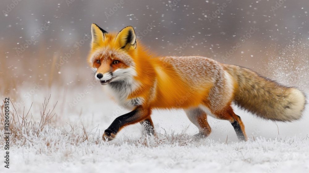 Fototapeta premium A red fox running through snow.