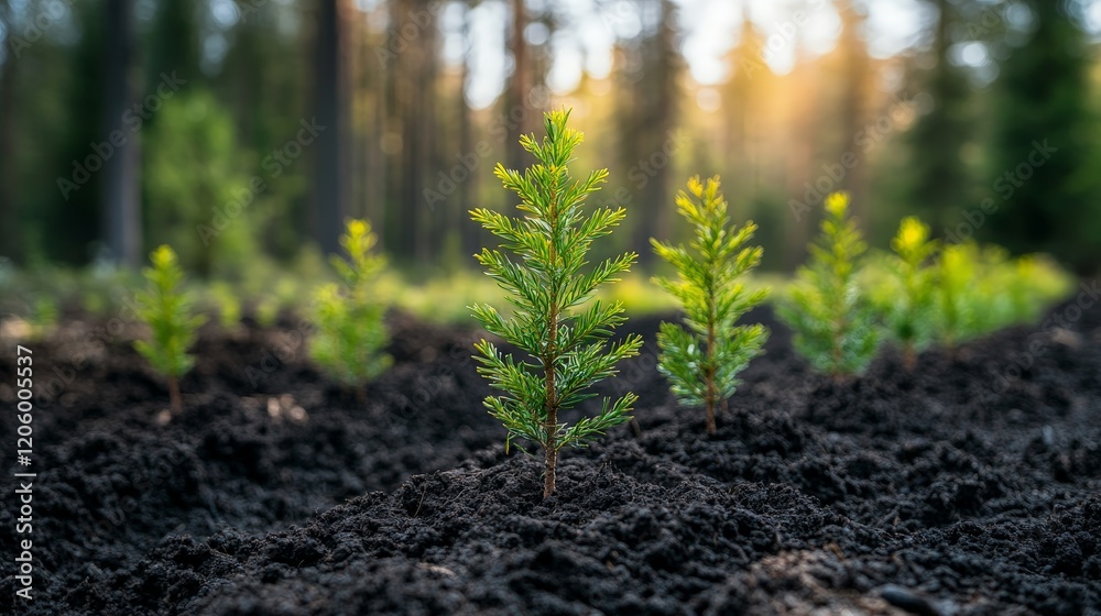 Rows of young evergreen seedlings planted in fertile soil, symbolizing reforestation efforts and environmental conservation, ideal for sustainability projects and educational campaigns. Rows of young evergreen seedlings planted in fertile soil, symbolizing reforestation efforts and environmental conservation, ideal for sustainability projects and educational campaigns.
