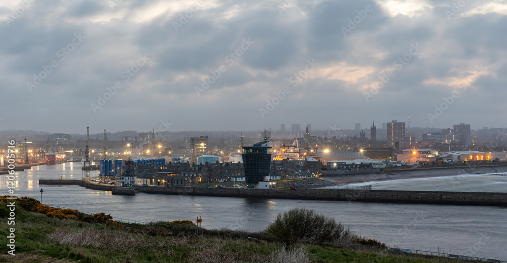 Aberdeen harbour at sunset, view from Torry Battery, Scotland Aberdeen harbour at sunset, view from Torry Battery, Scotland