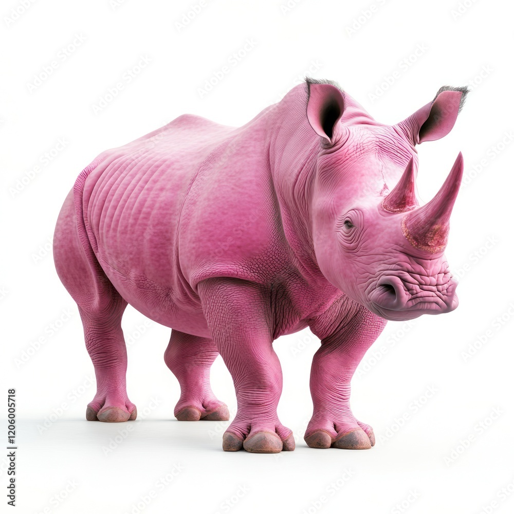 Fototapeta premium Pink rhino, studio shot, white background, animal illustration, children's book