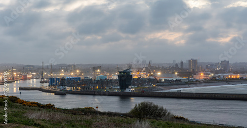 Aberdeen harbour at sunset, view from Torry Battery, Scotland