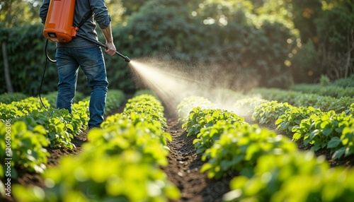 Man spraying pesticide on lush green vegetable field using a backpack sprayer