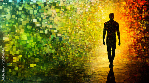 Man's figure walking in abstract environment created of multiple green sticky notes. Salvia divinorum hallucinogenic trip concept