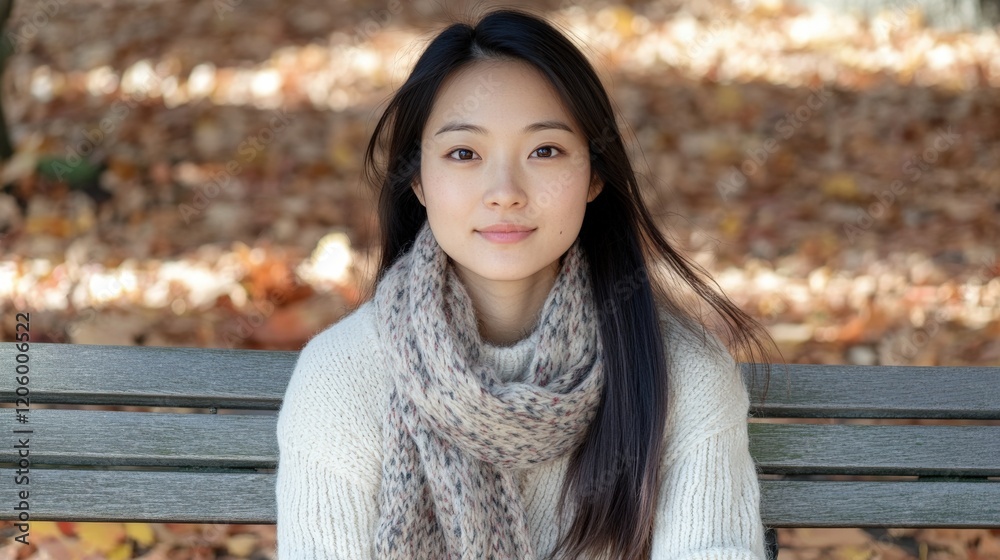 Young Woman Sitting On Bench In Autumn Leaves Young Woman Sitting On Bench In Autumn Leaves