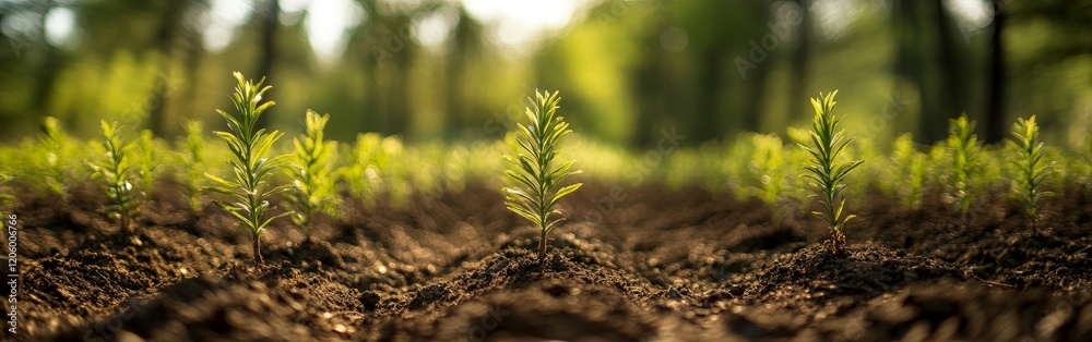 Rows of young evergreen seedlings planted in fertile soil, symbolizing reforestation efforts and environmental conservation, ideal for sustainability projects and educational campaigns. Rows of young evergreen seedlings planted in fertile soil, symbolizing reforestation efforts and environmental conservation, ideal for sustainability projects and educational campaigns.
