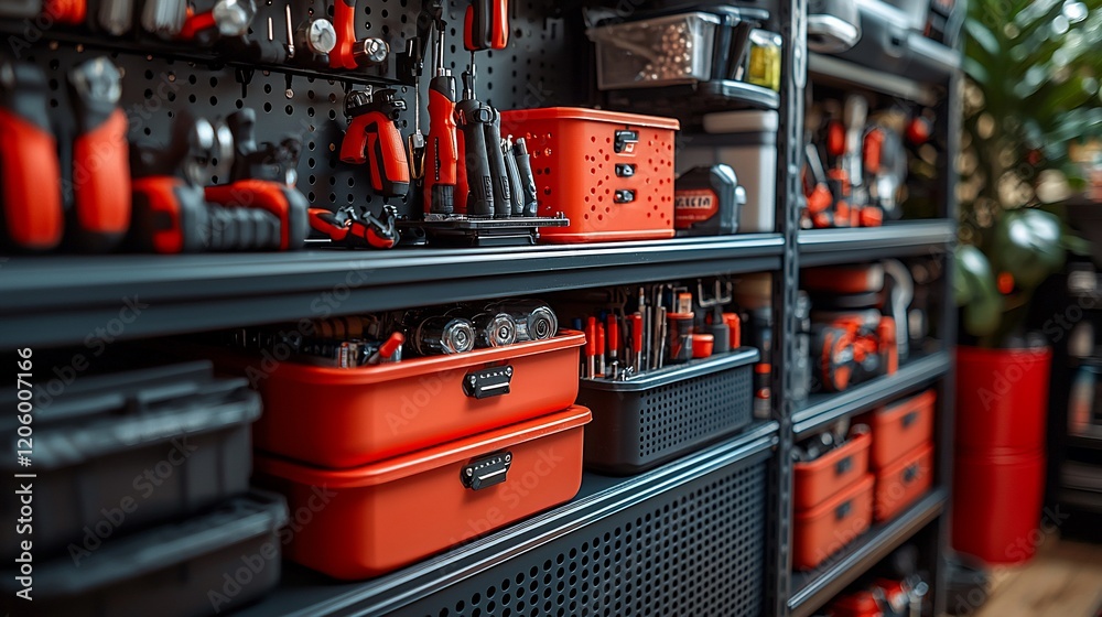 Fototapeta premium Organized Workshop: A Well-Stocked and Tidy Tool Storage System