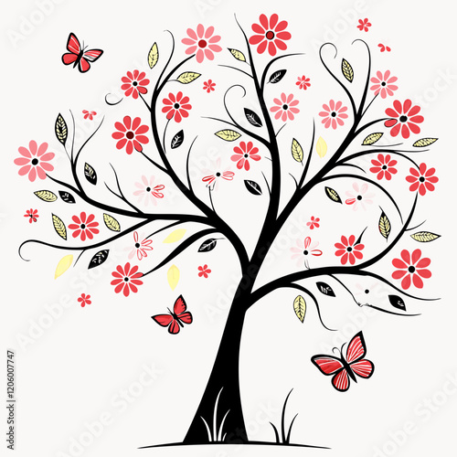 A stylized tree with a black trunk and branches, topped with a vibrant array of colorful flowers and butterflies on a white background