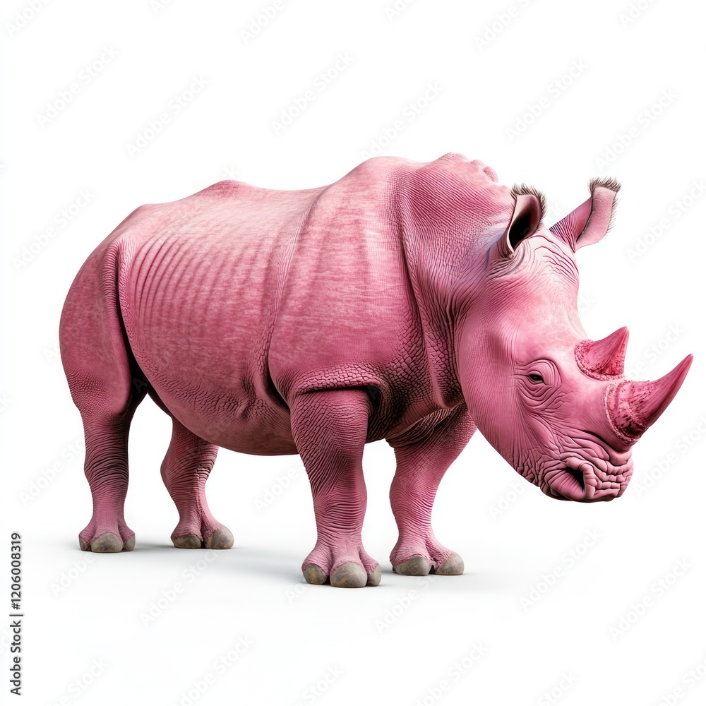 Obraz premium Pink rhino standing, white background, animal illustration, children's book