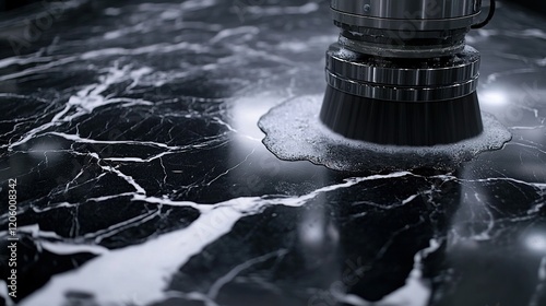 Machine polishing black marble slab in factory with industrial background