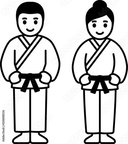 Male and female martial arts icon. Karate, Taekwondo, Judo uniform (gi). Simple man and woman line icon, black and white vector illustration.