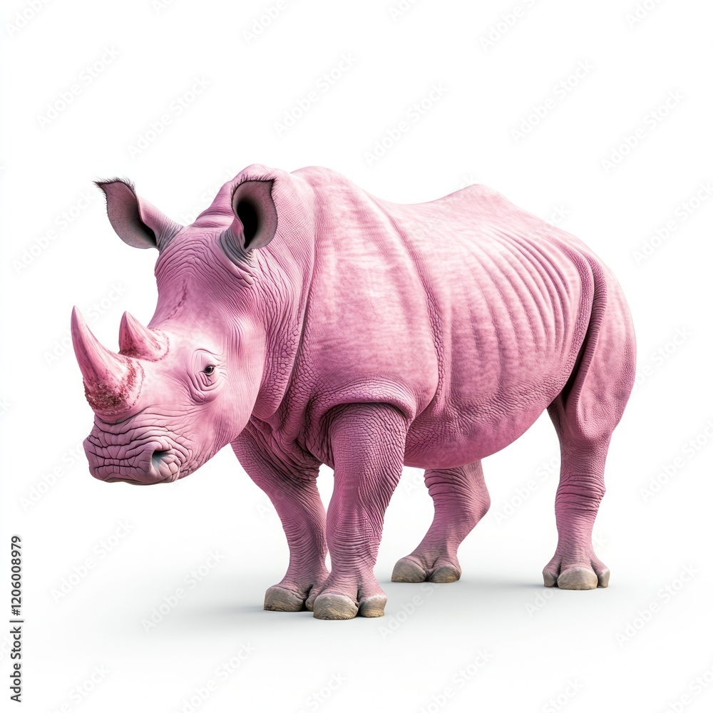 Obraz premium Pink rhino, standing, white background, zoo animal, illustration