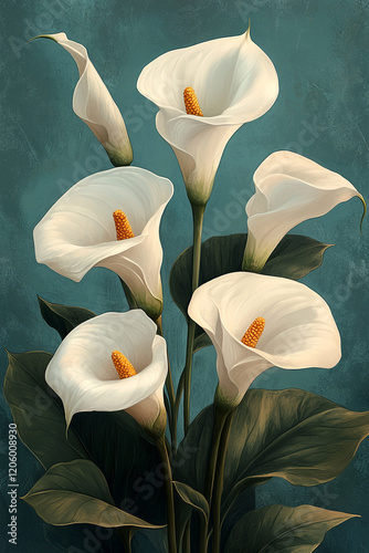 Elegant White Calla Lilies Against a Teal Background