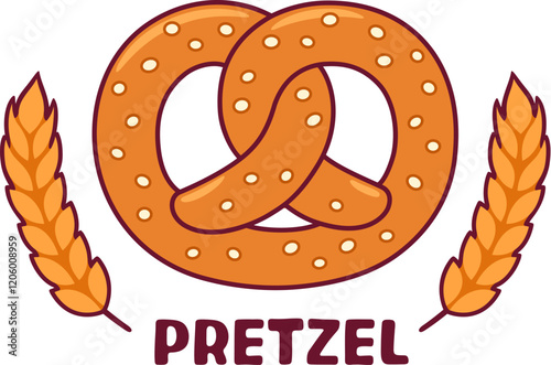 Pretzel emblem with ears of wheat, bakery logo. Cartoon drawing set, vector clip art illustration.