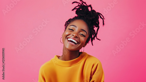 Cheerful Young Woman Laughing Against a Pink Background â Joyful Expression. young woman, laughing woman, pink background, joyful expression, happy woman, vibrant portrait, cheerfu photo