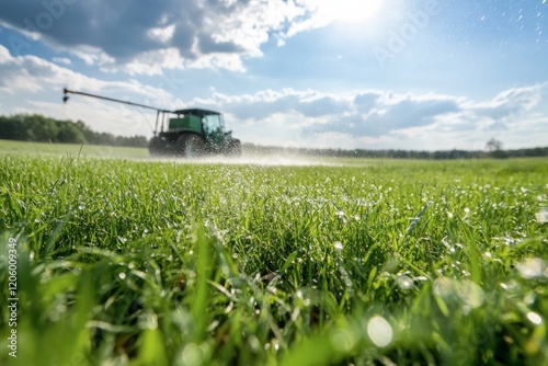 Tractor spraying pesticides on a green field under a cloudy sky