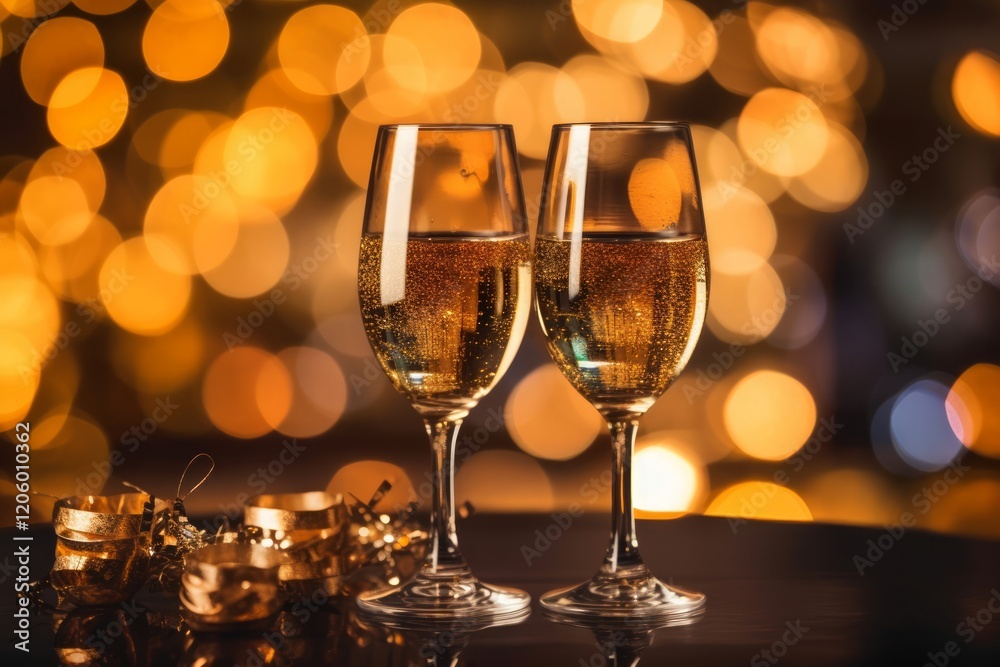 Two glasses with champagne on glitter background with lights of garland. Gold colors.