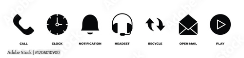 A Journey of Connection and Renewal  icons set vector illustration with  call, clock, notification, headset, recycle, open mail, play