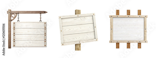 White wood sign board set isolated with transparent background