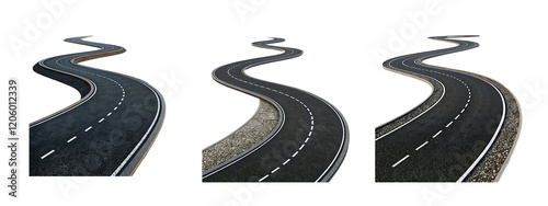 Winding asphalt road set isolated with transparent background