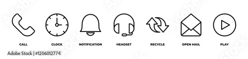 A Journey of Connection and Renewal  icons set vector illustration with  call, clock, notification, headset, recycle, open mail, play