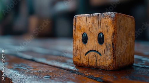 Sad wooden cube with a carved emoticon on a wet wooden table. photo