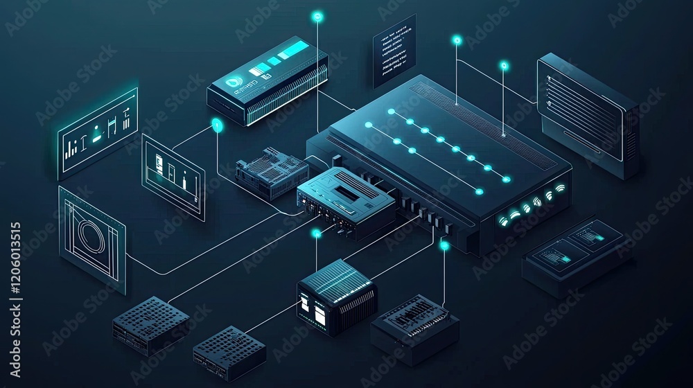 Detailed image of a smart hub connecting different IoT devices, with visible LED indicators and control buttons for centralized management. Detailed image of a smart hub connecting different IoT devices, with visible LED indicators and control buttons for centralized management.