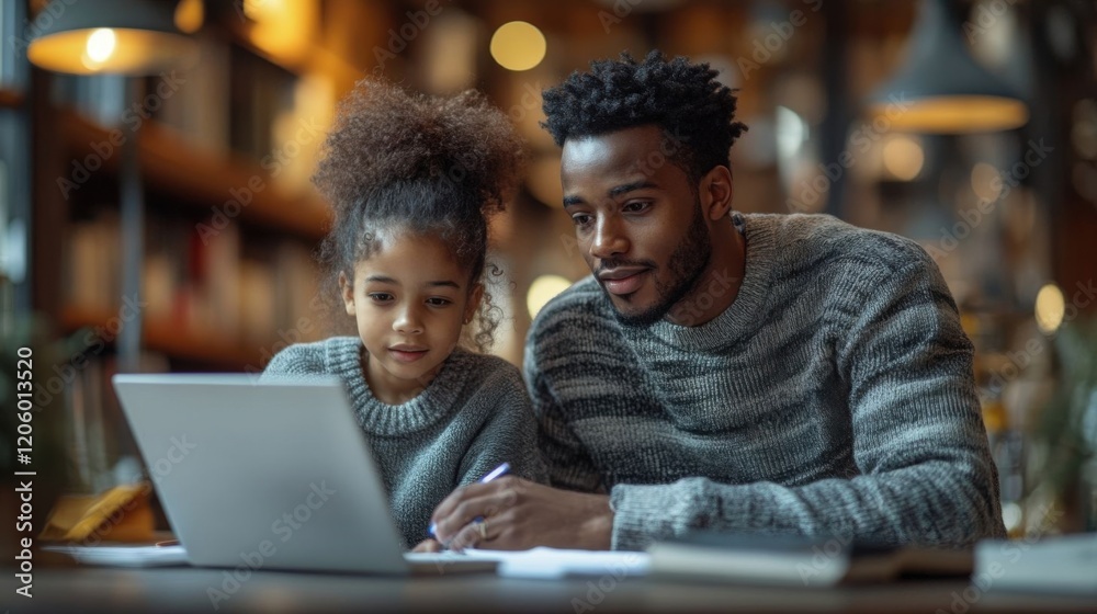 Father helping daughter with homework. Father helping daughter with homework.