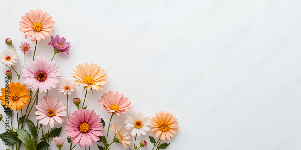 Fototapeta premium Beautiful Flowers on White Background with Ample Copy Space for Design