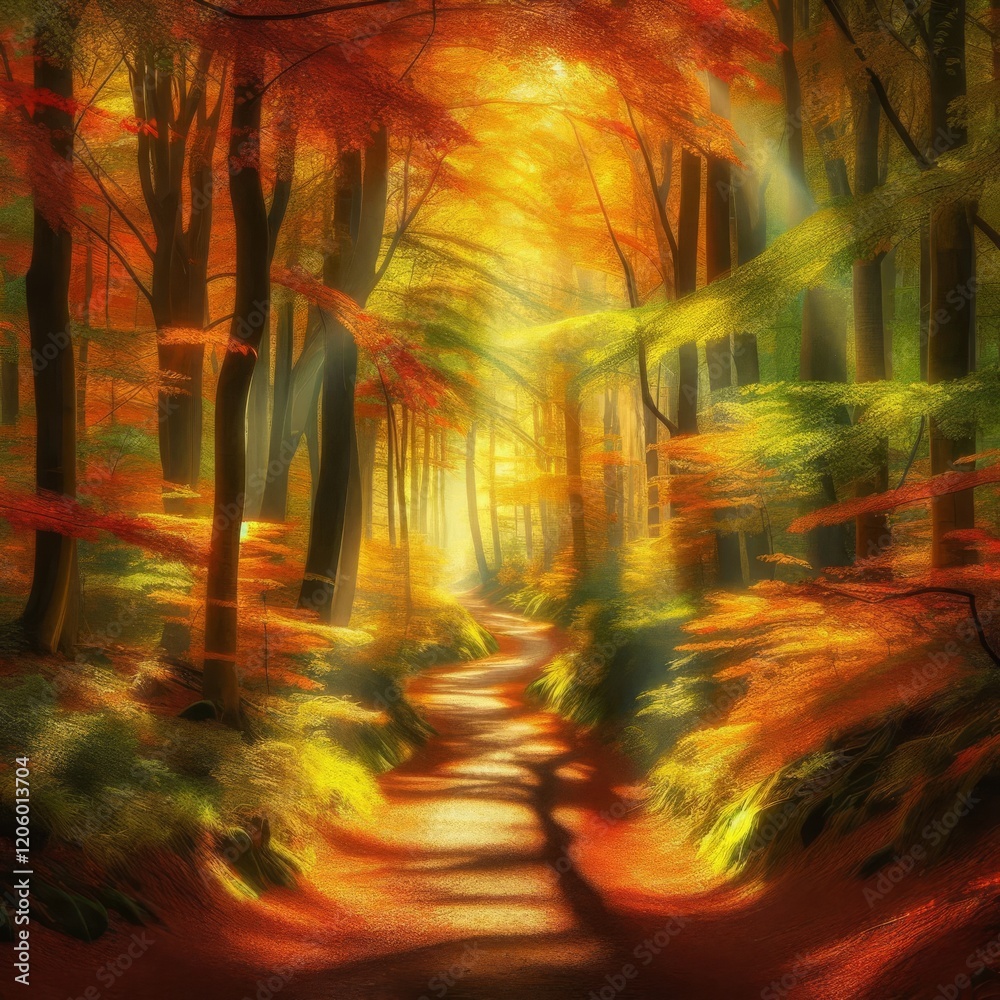 Naklejka premium Forest Path with Autumn Leaves