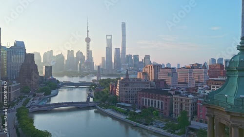 4K Real Time Aerial View of Shanghai skyline and Huangpu river at sunrise