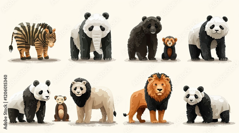 Obraz premium A colorful illustration of various animals including tigers, pandas, bears, and lions.