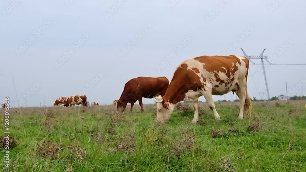 Herd of cows grazing on a green field, at a farm in countryside Herd of cows grazing on a green field, at a farm in countryside
