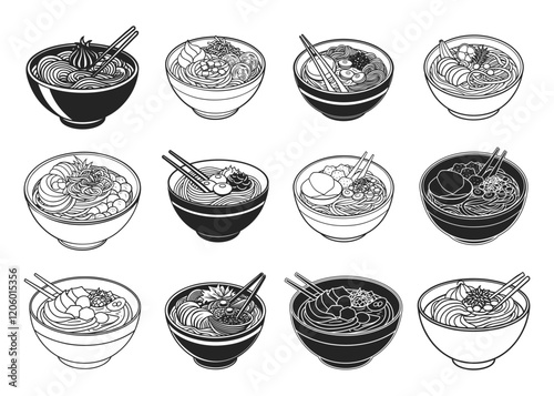 Ramen Japanese soup silhouette vector illustration isolated on white background.