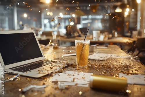 Messy office desk after new year party with golden confetti and laptop