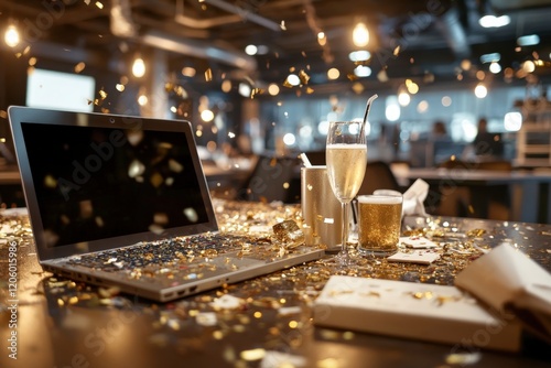 Celebrating business success with champagne and confetti on laptop