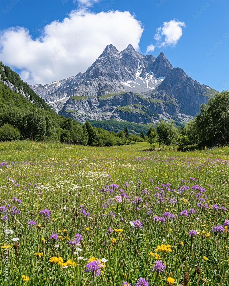 Fototapeta premium Alpine Meadow Wildflowers Majestic Mountain Peak Summer Landscape
