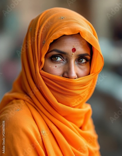 A woman with a bright orange headscarf and a red bindi looks directly at the viewer photo