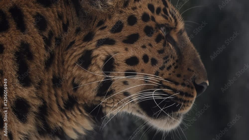 Amur leopard explores snowy landscape in a national park during winter mornings