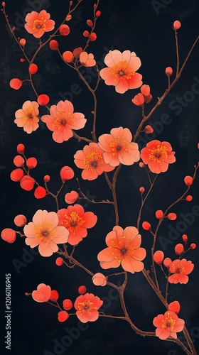 Wallpaper Mural Elegant Coral Plum Blossoms on Dark Background. Torontodigital.ca