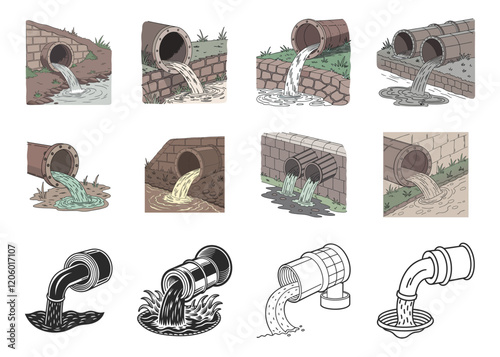 Water drain pipe. Pipes discharge waste water vector illustration isolated on white background.