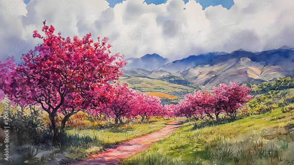 A lush valley filled with pink cherry blossoms under a bright sky. A lush valley filled with pink cherry blossoms under a bright sky.