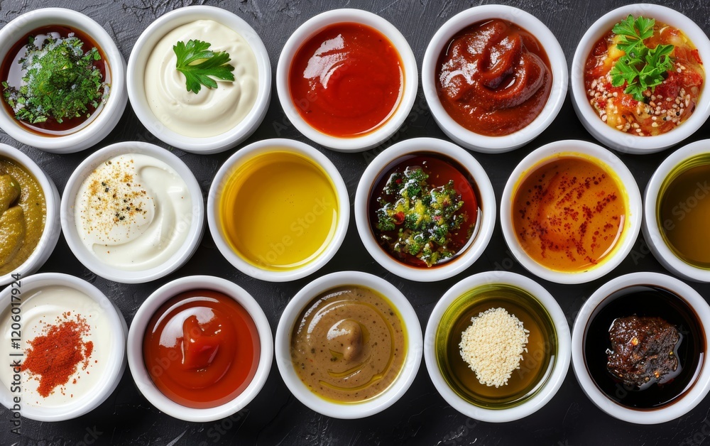 Large collection of sauces and spiced spreads in small jars. Big Set of colored dipping sauces in Crockery. Different types of dressing, mayonnaise, mustard, soy sauce, oil and ketchup on a black. Large collection of sauces and spiced spreads in small jars. Big Set of colored dipping sauces in Crockery. Different types of dressing, mayonnaise, mustard, soy sauce, oil and ketchup on a black.
