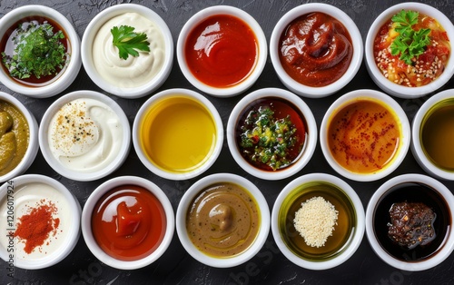 Wallpaper Mural Large collection of sauces and spiced spreads in small jars. Big Set of colored dipping sauces in Crockery. Different types of dressing, mayonnaise, mustard, soy sauce, oil and ketchup on a black. Torontodigital.ca