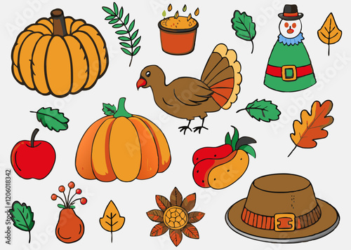 Thanksgiving day celebration 3d realistic set. Bundle of turkey, dishes, vegetables, fruits, pie, pumpkin, apple, autumn on a transparent background