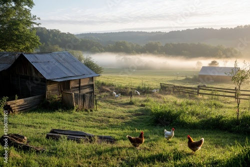 Chickens roaming on idyllic farm at sunrise with fog