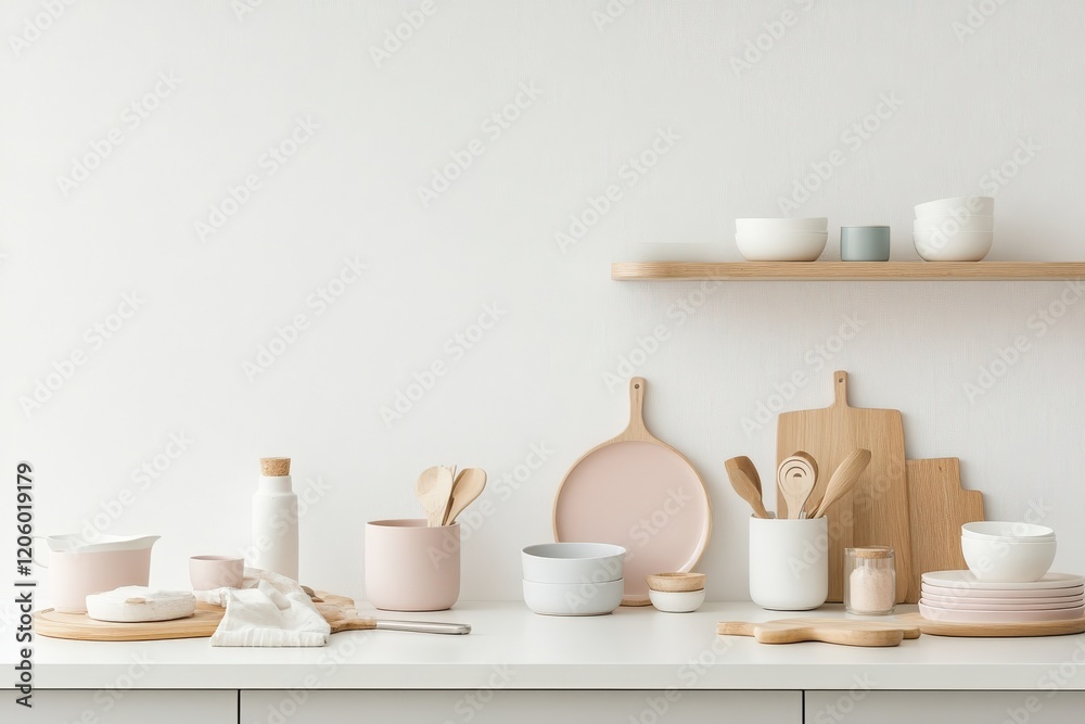 Fototapeta premium Modern minimalist kitchen decor featuring pastel pink and wooden utensils